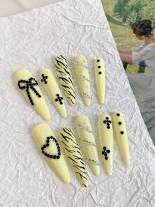 Yellow Zebra Print Press On Nails Y2K Black Rhinestone Bow Heart Long Almond Fake Nails - Yellow - View 1