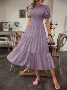 Vestido largo envolvente de mangas abullonadas de unicolor para mujer, atuendo de playa y vacaciones - Albaricoque - Ver 11