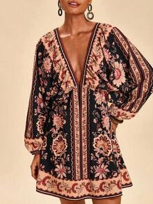 Vestido de gasa con cuello en V y manga larga con estampado floral para mujer, adecuado para vacaciones, estilo de vacaciones, estampado gráfico tejido, atuendos casuales de verano para vacaciones, atuendos de vacaciones en la playa bohemia, ropa bohemia chic, atuendos de festivales de vacaciones, atuendos de playa para mujer, atuendos de verano para mujer, atuendo de graduación, atuendos de cumpleaños para mujer, artículos esenciales de playa, atuendo de aeropuerto para mujer, vestido de té, vestido de cumpleaños, vestido de verano, verano europeo, ropa bohemia para mujer, vestido elegante para mujer - Negro y oro - Ver 4