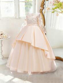 Tween Girls Round Neck Embroidered Floral Rhinestone Mesh Satin Elegant Flower Girl Dress Suitable For Birthday Party Evening Gala Ball Wedding Princess Dress - Champagne - View 7