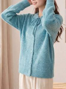 JIANHU Plush Bow Cardigan - Soft And Comfortable Knit Cardigan, Suitable For Autumn/Winter, Loose Fit, Holiday Knit Sweater, Suitable For Christmas And Daily Wear At Home - Teal Blue - View 11