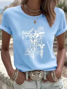Gothic Cross Script Art Design. Digital Print. Short Sleeves. Unisex. Pure Cotton. Loose And Comfortable. - Blue - View 7