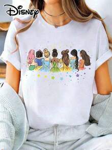Disney Official Authorization | Women's 100% Cotton Printed Short-Sleeve T-Shirt. Inspired By Watercolor Art, It Brings Together The Disney Princess Squad Into A Healing Back-View Painting. Iconic Elements Like Ariel's Pink Hair, Snow White's Red Bow, And Tiana's Green Dress Are Featured, Along With Gradient Rainbow Gowns And Star Accents. The Loose Fit Flatters All Body Types, Making It Versatile And Practical For Daily Outings, And It Is Also An Ideal Choice For Matching Outfits With Girlfriends On Trips Together.Disneys Disneyland Paris The Magic Kingdom Disneyesque B6Holiday Gifts Valentine's Day Gifts Earth Day Gifts Oktoberfest Gifts Summer Bank Holiday GiftsDisney Oversized T-Shirt - White - View 1