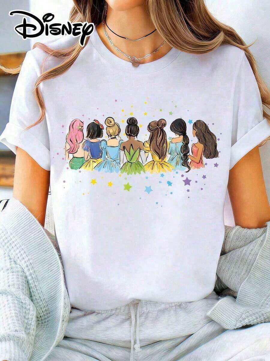 Disney Official Authorization | Women's 100% Cotton Printed Short-Sleeve T-Shirt. Inspired By Watercolor Art, It Brings Together The Disney Princess Squad Into A Healing Back-View Painting. Iconic Elements Like Ariel's Pink Hair, Snow White's Red Bow, And Tiana's Green Dress Are Featured, Along With Gradient Rainbow Gowns And Star Accents. The Loose Fit Flatters All Body Types, Making It Versatile And Practical For Daily Outings, And It Is Also An Ideal Choice For Matching Outfits With Girlfriends On Trips Together.Disneys Disneyland Paris The Magic Kingdom Disneyesque B6Holiday Gifts Valentine's Day Gifts Earth Day Gifts Oktoberfest Gifts Summer Bank Holiday GiftsDisney Oversized T-Shirt - White - View 1