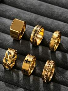 6pcs Fashionable Stainless Steel Gold Color Rings For Men, With Cross, Text, Roman Numeral Elements, Suitable For Daily Wear And Holiday Accessories - Gold - View 9