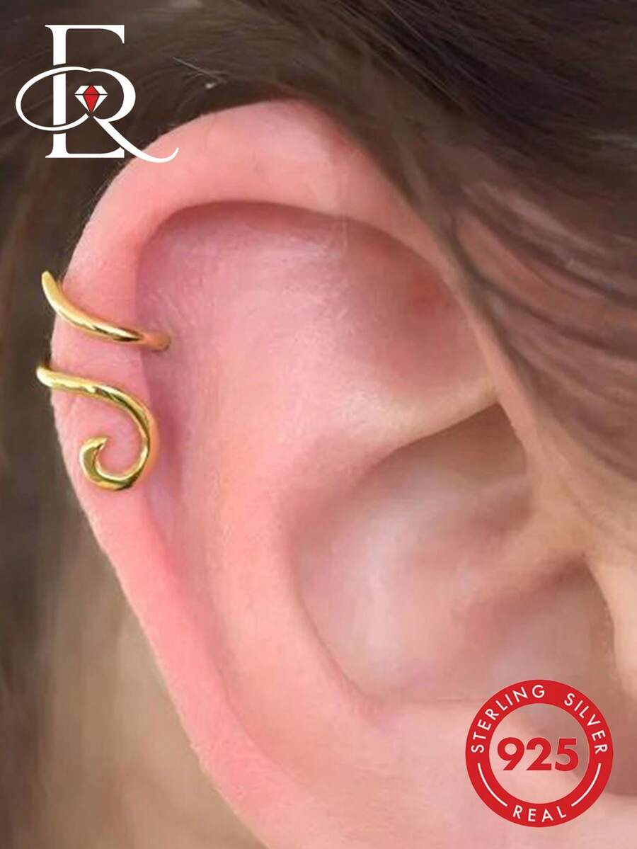 EleRunis 1pc 925 Sterling Silver Spiral Vortex Ear Cuff, Exquisite Jewelry, Suitable For Daily Wear, Party, Engagement, Anniversary, Valentine's Day - Gold - View 1