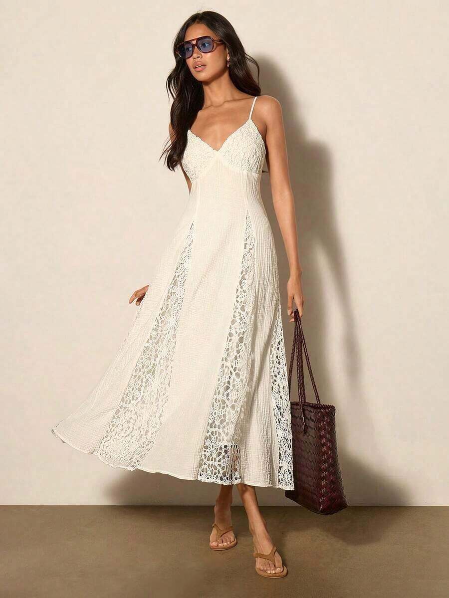 Vestido de verano de longitud media con tirantes de espagueti, unicolor y parches de encaje elegante para mujer - Blanco - Ver 1