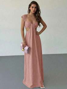 Falda larga elegante de estilo bohemio para mujer, vestido largo con cuello ancho y escote de ojo de cerradura en beige - Rosa Pálido - Ver 5