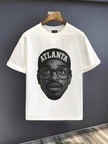 Men's 100% Cotton Casual Graphic T-Shirt With Bold Atlanta Head Silhouette Symbolizing Urban Confidence And Modern Energy - 白色 - 查看 8