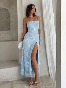 Vestido con abertura alta de tela texturizada sin tirantes para mujer, primavera/verano - Azul - Ver 9