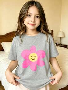 Pink Flower With  Face Printed T-Shirt For Kids - 灰色 - 查看 1