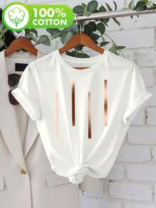 Talla Grande, Barras de Color Degradado, Blusa Casual de Cuello Redondo y Manga Corta Estampada para Mujer Talla Grande - [Blanco] - Ver 6