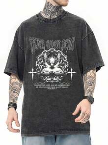 Summer TOP Summer TOP Summer TOP Camiseta Oversized de 230G con efecto lavado, con estampado gráfico de "Spirit Over Flesh" que presenta una figura demoníaca y cruces invertidas, disponible en múltiples colores, tela transpirable adecuada para el estilo de ropa urbana gótica, regalo perfecto para amantes de los tatuajes y fans. Regalo para el Día del Padre, Regalo para el Día de San Valentín, Camiseta de la Copa Mundial 2026. - Negro - Ver 7