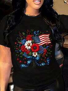 Comfortable For All-Day Wear. This Women's Casual T-Shirt Features A Relaxed Fit, A Crew Neck, And Short Sleeves, With A Patriotic Floral Print Of The American Flag, Perfect For Independence Day Celebrations And Summer Outings. Its Comfortable, Relaxed Fit Flatters All Body Types, While The High-Quality Material Feels Soft Against The Skin And Offers Durability. - 黑色 - 查看 11