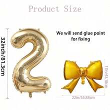 2pcs 32-Inch Gold Number Foil Balloons With Gold Bow, Suitable For Birthday Party Decoration, Anniversary Celebration - Gold - View 6