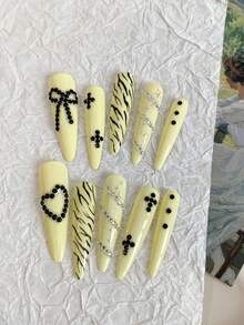 Yellow Zebra Print Press On Nails Y2K Black Rhinestone Bow Heart Long Almond Fake Nails - Yellow - View 2