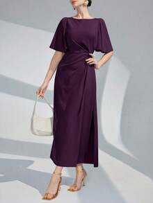Vestido largo de noche con cuello redondo, volantes y mangas cortas de unicolor para mujer - Morado - Ver 7