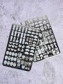 2件套中国风竹制旗袍面具图案美甲印花板，DIY美甲工具 - 銀色 - 查看 7