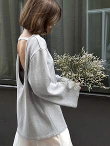 Loose-Fitting Knit Sweater With Open Back, New Autumn-Winter 2026 Model For Women, European Style - 灰色 - 查看 4
