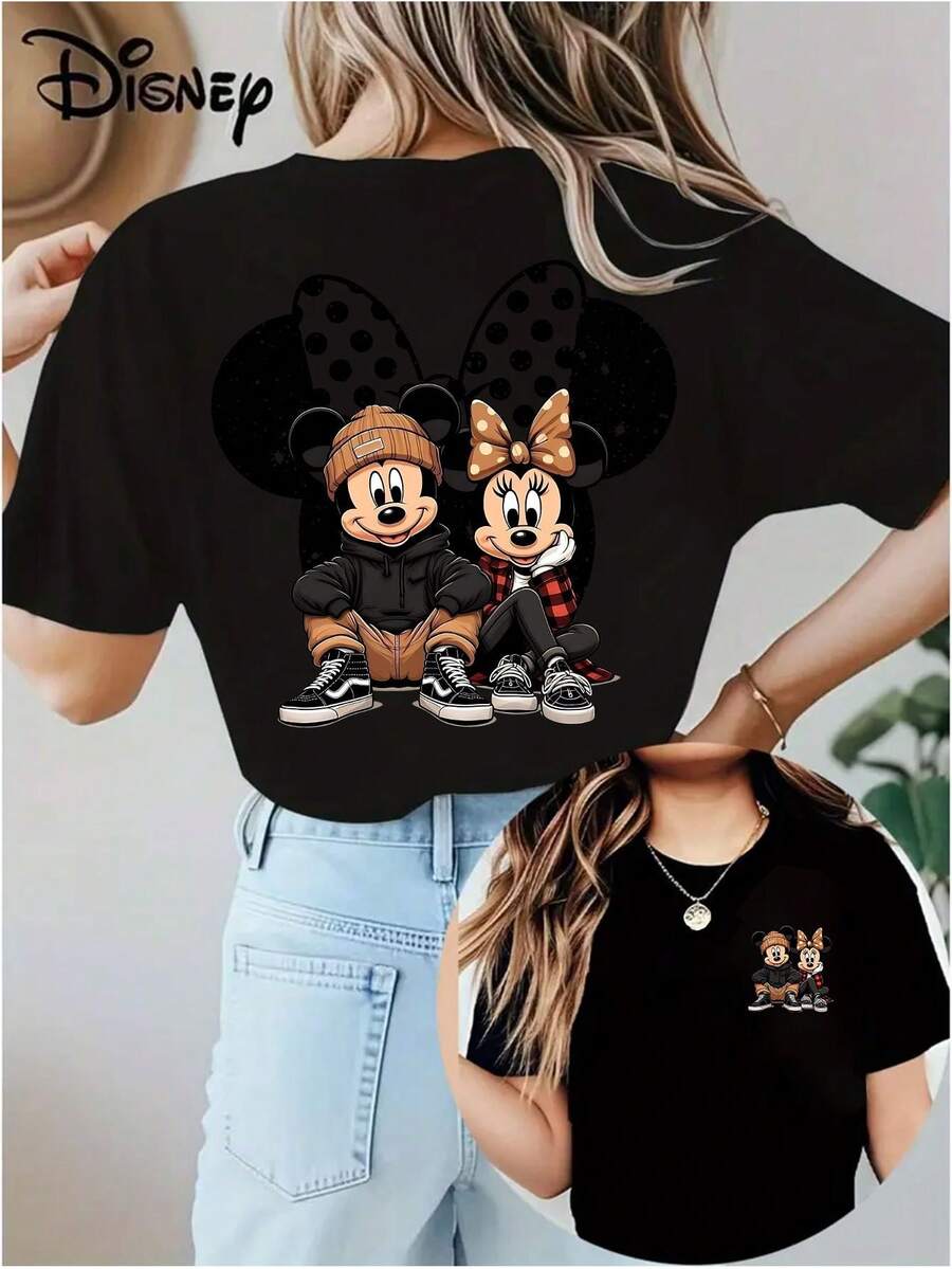 Disney Mickey And Minnie Mouse Outfit Print, Soft And Stretchy, Casual Short-Sleeved Top, Fashionable Short-Sleeved T-Shirt With Round Neck, Breathable And Lightweight, Fashionable And For Women. - màu đen - Xem 1