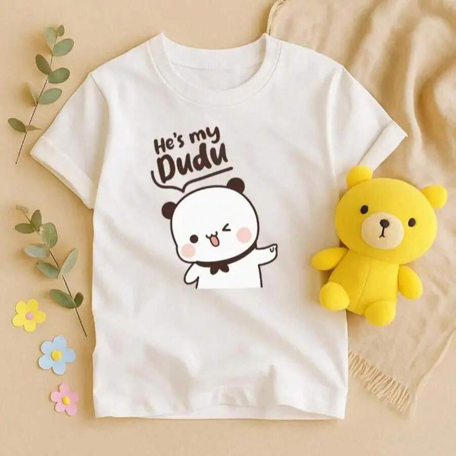 Bubu And Dudu Couple T-Shirts With Matching Bear Design, 100% Soft And Durable Premium Cotton Blend, Versatile Kawaii Casual Style For Outings And Everyday Wear, Machine Washable Without Fading Or Deformation, Perfect As An Anniversary Gift - 白色 - 查看 1