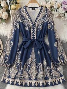 Vestido de línea A con botones y estampado, vestido romántico para citas, vacaciones, playa, verano, primavera, fiestas, atuendo de invitada - Champán - Ver 8
