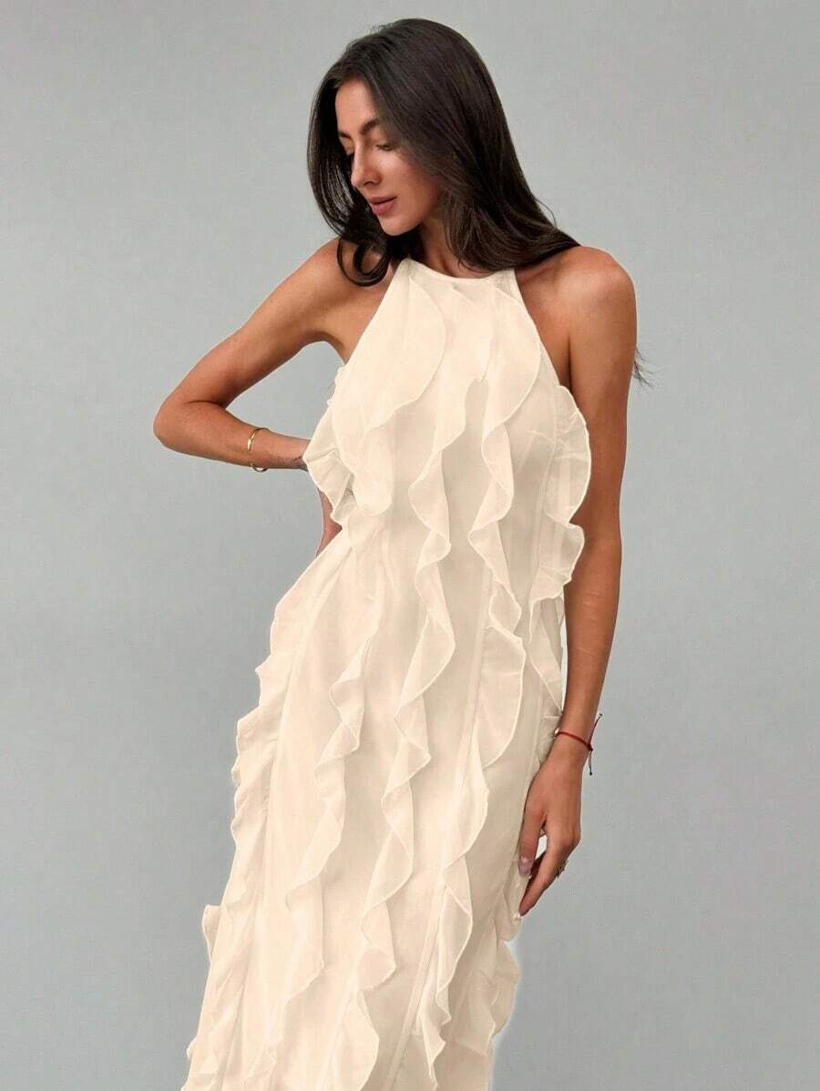 Vestido elegante sin espalda con volantes y capas, estilo de diosa grácil, adecuado para vacaciones, primavera/verano - amarillo ganso - Ver 1