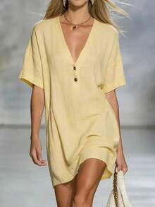 Women's Dress Casual Loose Fit Short Sleeve Button Front Dress Summer Lightweight Outfit - 黃色 - 查看 8