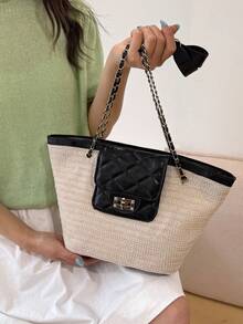 New Straw Shoulder Bag With Chain Strap Tote Bag, European And American Versatile Beach Bucket Bag, Contrast Color Patchwork Rhombus Small Bag (Adjustable Chain Strap, Zipper Closure Small Bag) - Black - View 4
