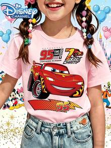 Disney T-Shirt, Short Sleeve, Made Of 100% Pure Cotton FabricGirls Short Sleeve T Shirt Pink Lightning McQueen Cars 95 Time Champ Disney Print For Casual Wear And PlaytimeGifts Suitable For Girls - Hồng - Xem 1
