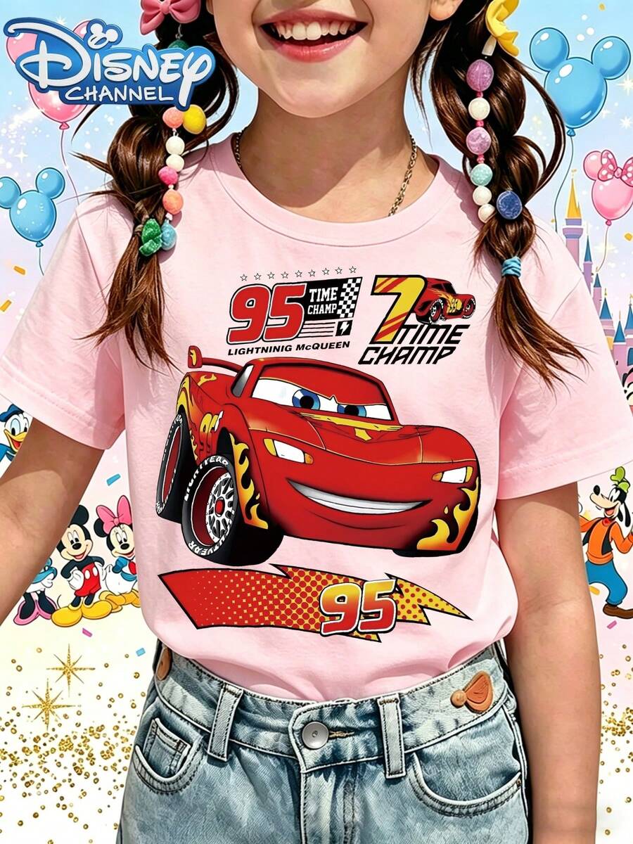 Disney T-Shirt, Short Sleeve, Made Of 100% Pure Cotton FabricGirls Short Sleeve T Shirt Pink Lightning McQueen Cars 95 Time Champ Disney Print For Casual Wear And PlaytimeGifts Suitable For Girls - Hồng - Xem 1