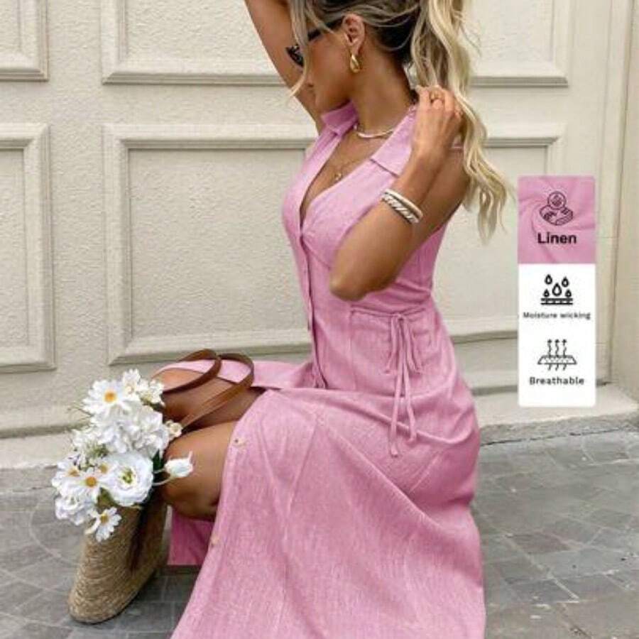 LUNE Vestido elegante de lino para mujer con cuello de camisa, decoración con botones, beis y hasta la pantorrilla, adecuado para primavera/verano, uso casual, de oficina y de viaje, estilo bohemio, casual de negocios y estilo "Old Money" para mujer - Rosa - Ver 1