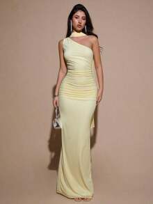 Vestido de malla ajustado con drapeado asimétrico, elegante y sexy vestido de gala para fiesta, boda, cumpleaños, Navidad, Halloween - Amarillo claro - Rosa Pálido - Ver 10