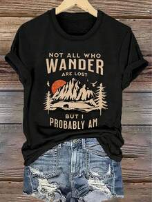 Camiseta gráfica de naturaleza y montaña para mujer - Poliéster transpirable, casual, cuello redondo, manga corta, con diseño "No todos los que se maravillan están perdidos", lavable a máquina - Ajuste elegante de verano, estampado - Negro - Ver 6