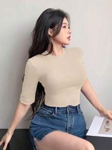 Camiseta casual ajustada de mujer con cuello redondo y manga corta, sexy y oversize - Blanco - Ver 5