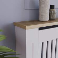 Home Discount Vida Designs Arlington Radiator Cover Heat Protection Adjustable Vertical Slats With Wooden Shelf Top MDF Cabinet Easy To Install - White - Blanco - Ver 5