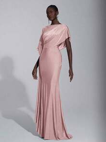 Elitara Elegante y lujoso vestido de dama de honor con abertura y volantes en las mangas, de satén azul marino - Rosa vieja - Ver 4