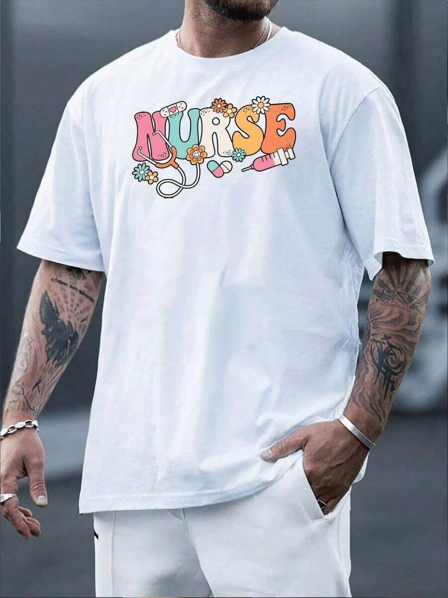 The Print Features The Word NURSE With Colorful Medical Elements Such As A Stethoscope, Syringe, Pills, And Flowers, Symbolizing Dedication, Care, And Positive Energy Towards The Nursing Profession. This Men's T-Shirt Is Made Of 100% Cotton, Is Casual And Comfortable, Ideal For Everyday Wear, And Makes An Inspirational Gift. - 灰色 - 查看 1