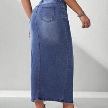 guangzhougaolangshangmao  Falda vaquera casual de mujer con bolsillos y abertura lateral - Gris - Ver 3