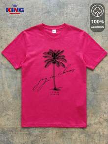 King T-shirt Playera 100% algodón de excelente calidad, esta playera garantiza una suavidad excepcional al tacto, cuello redondo con estampado "Joy in Chaos Palm Tree" y manga corta - Rosa Fucsia - Ver 2