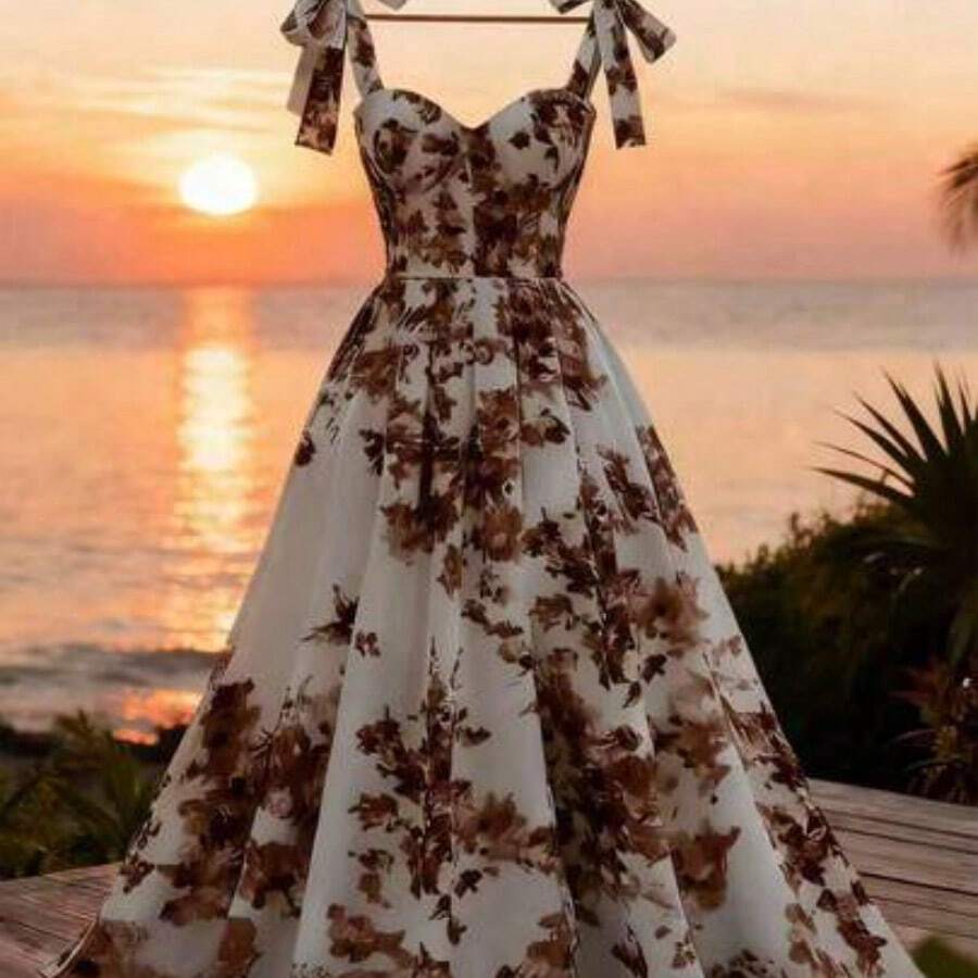 Vestido elegante con estampado floral y hombros con lazo para vacaciones - Cafetería - Ver 1