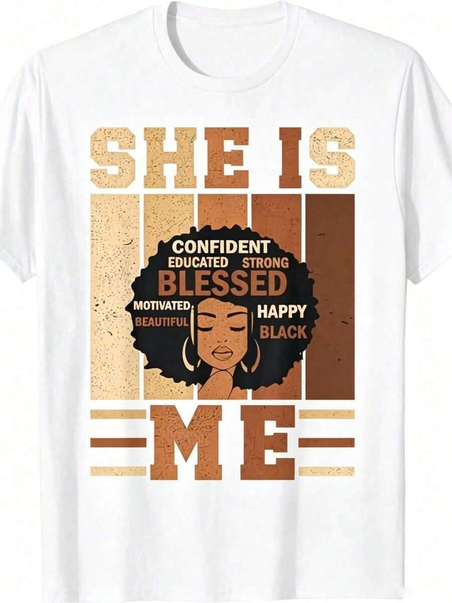 Camiseta de manga corta para mujer Ella yo - Camiseta del Festival de la Historia Negra y el Orgullo Juneteenth - Camiseta casual de manga corta con cuello redondo para adultos, con retrato de mujer africana y afirmaciones positivas - Corte estándar, nueva colección primavera-verano de camisetas para mujer - Atuendos diarios divertidos - Imprescindible para regalar -% algodón - Blanco - Ver 1
