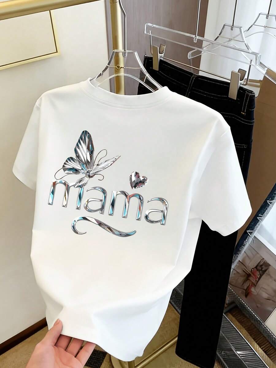 Women's Casual T-Shirt With Metallic Butterfly Heart Print And The Word "Mama" - Y2k Style, Sophisticated, Gift, Casual Crew Neck T-Shirt - Breathable, Lightweight And Comfortable, Suitable For Spring And Summer Wardrobes - 白色 - 查看 1
