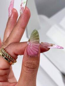 Bộ 24 miếng dán móng tay 3D hình nhọn màu hồng và xanh lá cây mùa xuân, thiết kế lá vàng sang trọng với chất liệu gel dẻo, phù hợp cho các cô gái ngọt ngào, lý tưởng cho các buổi hẹn hò, tiệc tùng, dã ngoại, miếng dán móng tay nghệ thuật bắt mắt không cần nung. - Màu Hồng baby - Xem 7