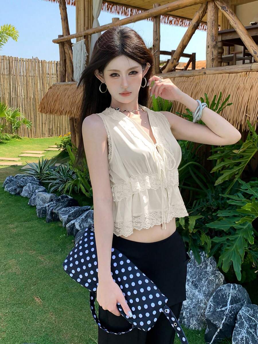 夏季性感蕾絲飾邊深V領綁腰無袖復古優雅吊帶上衣休閒款 - 杏色 - 查看 1