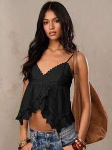 Parte superior de camisa de mujer de lino crema con encaje bordado, parches y volantes en el bajo, adecuada para usar como top de lino, top de vacaciones, top de playa, top casual, top lindo, top de verano - Negro - Ver 5