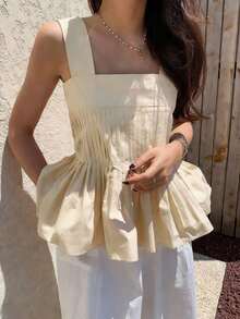 Top de tirantes con cuello cuadrado, bajo con volantes y pliegues en unicolor para mujer, versátil para uso diario, vacaciones y verano casual - Albaricoque - Ver 10