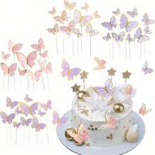 Adorno para pastel de mariposa con degradado rosa y púrpura con borde dorado, textura de acuarela exquisita y duradera, adecuado para pasteles de cumpleaños, decoración de mesa de postres para fiestas, atmósfera fuerte, accesorio común de decoración para hornear - Multicolor - Ver 1