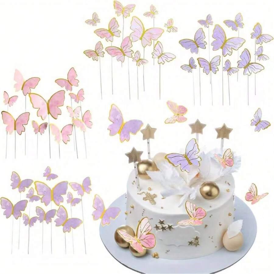 Adorno para pastel de mariposa con degradado rosa y púrpura con borde dorado, textura de acuarela exquisita y duradera, adecuado para pasteles de cumpleaños, decoración de mesa de postres para fiestas, atmósfera fuerte, accesorio común de decoración para hornear - Multicolor - Ver 1