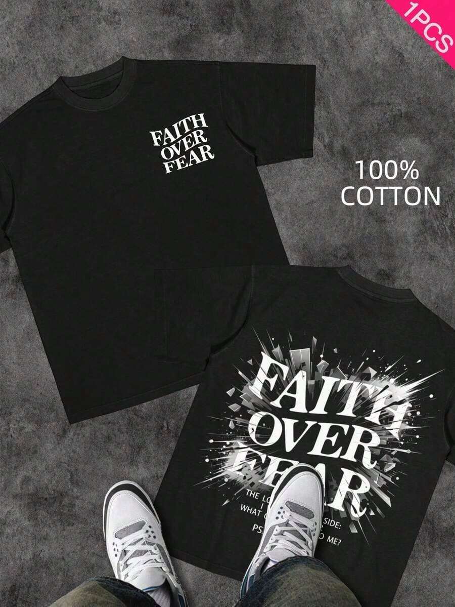 Men's Christian T-Shirt "FAITH OVER FEAR" | Psalm 118:6 Biblical Design | Inspirational Streetwear | 100% Cotton | Unisex Fit | Ideal Gift For Believers - 珊瑚粉 - 查看 1